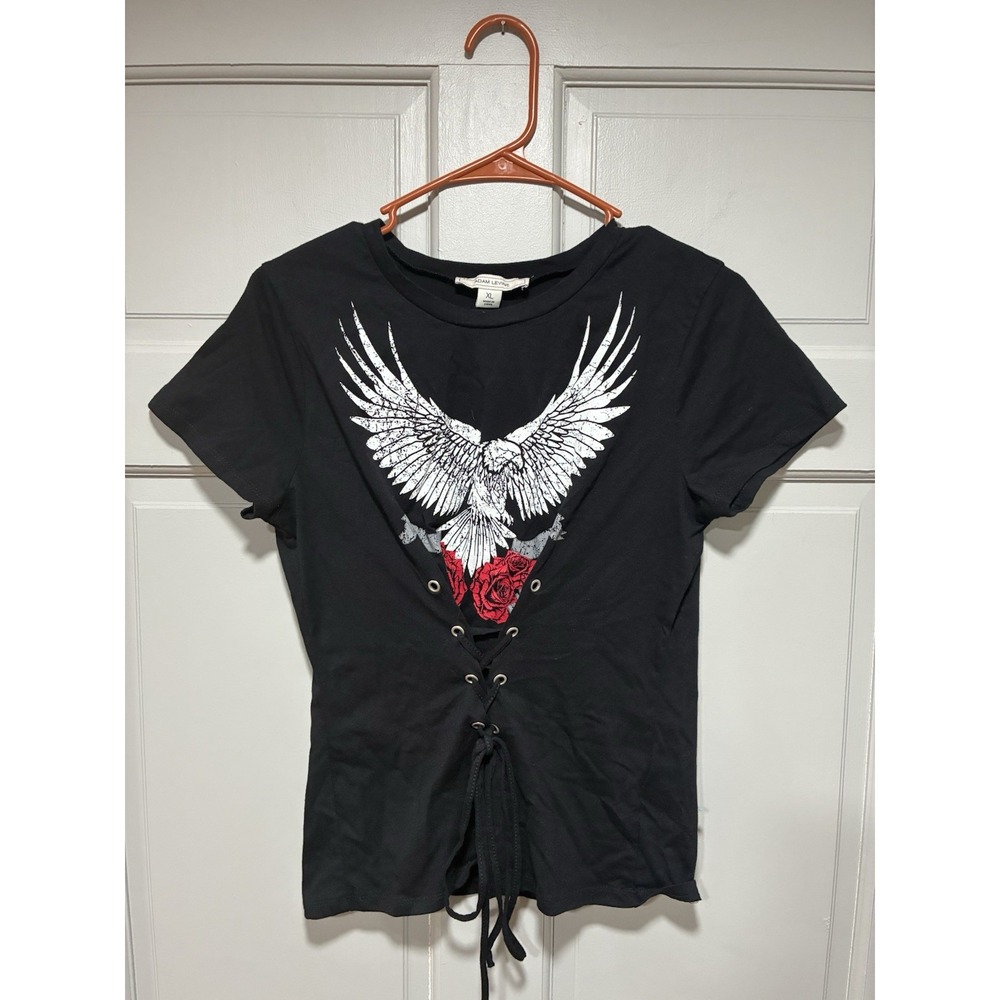 Adam‎ Levine Women XL Angel Wings Lace Up Goth Graphic Tee Biker Chic Punk Edgy